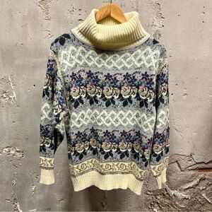 Vintage 90s Import Workshop Pastel Floral Turtleneck Sweater Grannycore Knit M